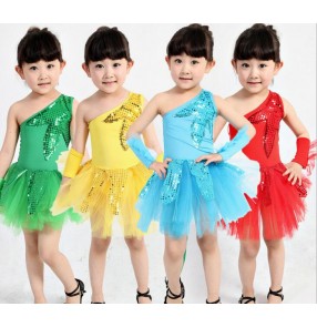 Red green paillette  turquoise yellow sequined colored  one shoulder  girls kids child children toddlers kindergarten latin stage performance modern dance jazz dj ds stage performance cos play dance dresses costumes
